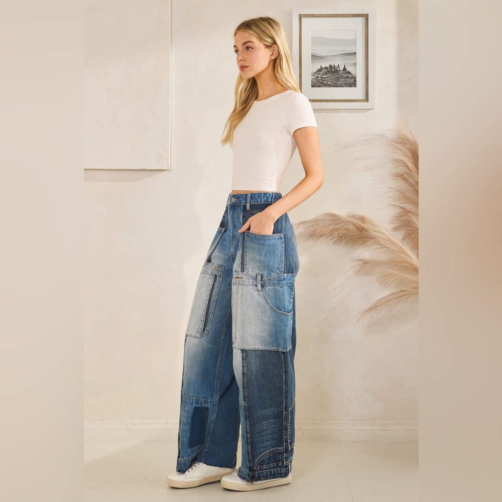 Oli & Hali Patchwork Wide-Leg Denim Pants - Blue - Picture 2 of 6